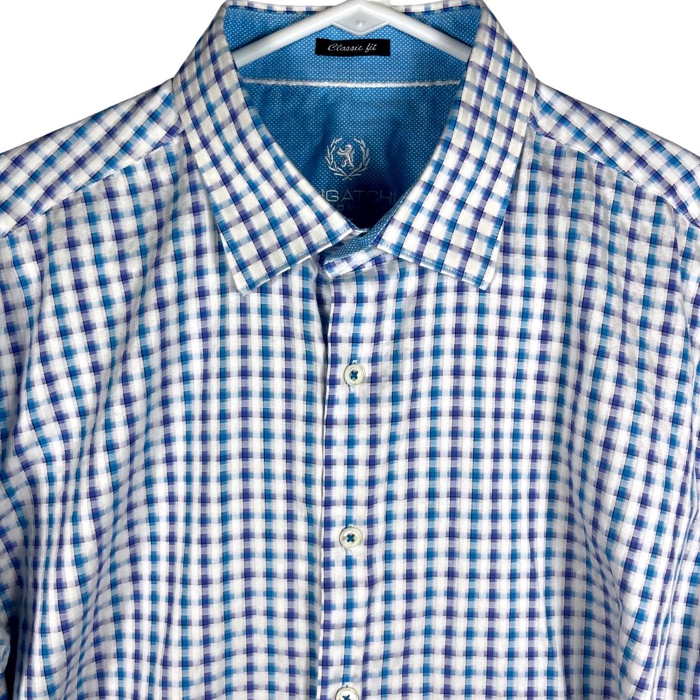 Bugatchi Uomo Button Down Mens XL Blue White Gingham Classic Fit Cotton Shirt